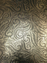 Gold Big Swirls Foil Pattern On Black Polyester Spandex Fabric - Gold Swirls, Black, Semi-Sheer, 58"-60" Width