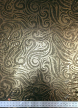 Gold Big Swirls Foil Pattern On Black Polyester Spandex Fabric - Gold Swirls, Black, Semi-Sheer, 58"-60" Width