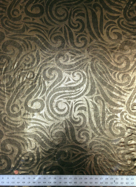 Gold Big Swirls Foil Pattern On Black Polyester Spandex Fabric - Gold Swirls, Black, Semi-Sheer, 58"-60" Width