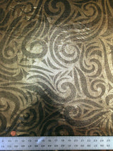 Gold Big Swirls Foil Pattern On Black Polyester Spandex Fabric - Gold Swirls, Black, Semi-Sheer, 58"-60" Width