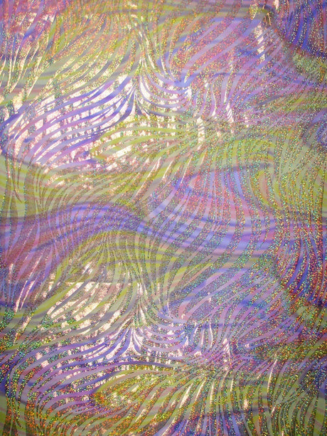 Zebra Holographic Foil On Bright Swirl Pattern Stretch Polyester Spandex Fabric - Bright Swirl Zebra Foil, 58"-60" Width