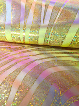 Zebra Holographic Foil On Bright Swirl Pattern Stretch Polyester Spandex Fabric - Bright Swirl Zebra Foil, 58"-60" Width