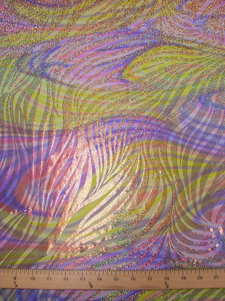 Zebra Holographic Foil On Bright Swirl Pattern Stretch Polyester Spandex Fabric - Bright Swirl Zebra Foil, 58"-60" Width