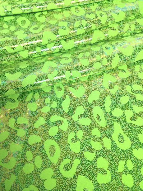 Cheetah Pattern Shiny Rainbow Pebble Foil On Bright Heavy Stretch Nylon Spandex Fabric - Black, Lime Green, Neon Fuchsia, Purple, Cheetah Pattern, 58" - 60" Wide