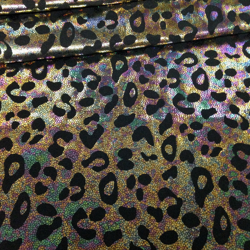 Cheetah Pattern Shiny Rainbow Pebble Foil On Bright Heavy Stretch Nylon Spandex Fabric - Black, Lime Green, Neon Fuchsia, Purple, Cheetah Pattern, 58" - 60" Wide