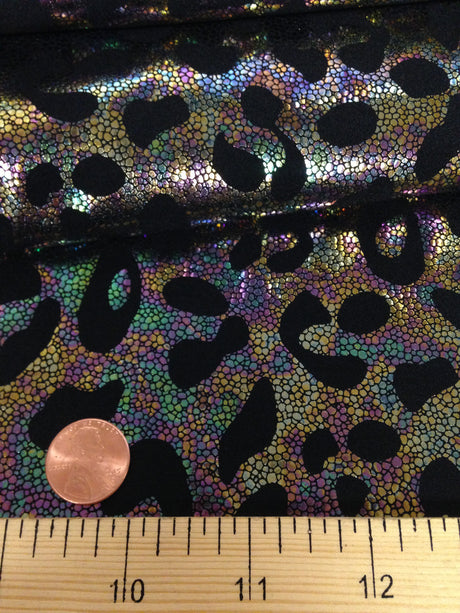 Cheetah Pattern Shiny Rainbow Pebble Foil On Bright Heavy Stretch Nylon Spandex Fabric - Black, Lime Green, Neon Fuchsia, Purple, Cheetah Pattern, 58" - 60" Wide