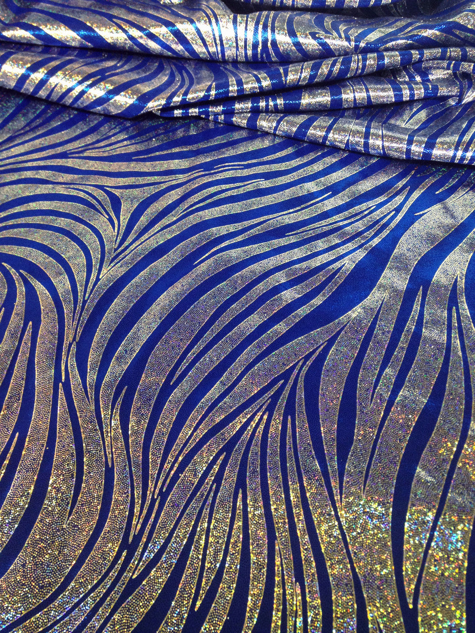 Zebra Pattern Shiny Holographic Foil Nylon Spandex Fabric - Zebra Pattern, Royal, Red, Purple, 58"-60" Width