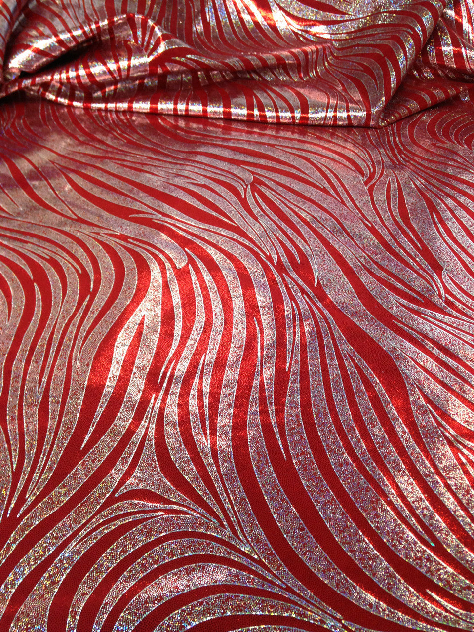 Zebra Pattern Shiny Holographic Foil Nylon Spandex Fabric - Zebra Pattern, Royal, Red, Purple, 58"-60" Width
