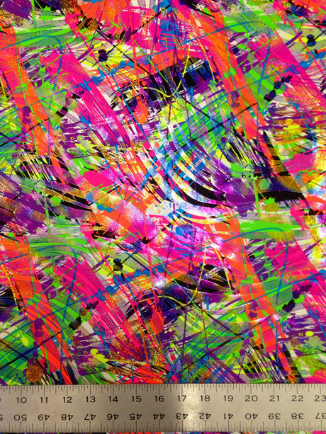 Colorful Paint Splash With Zebra Holographic Foil Nylon Spandex Fabric - Multicolor Zebra Pattern, 58"-60" Width
