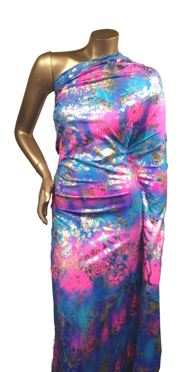 Shiny Rainbow Foil Abstract Pattern Nylon Spandex Fabric - Multi-Color Foil Abstract Pattern, 58"-60" Width