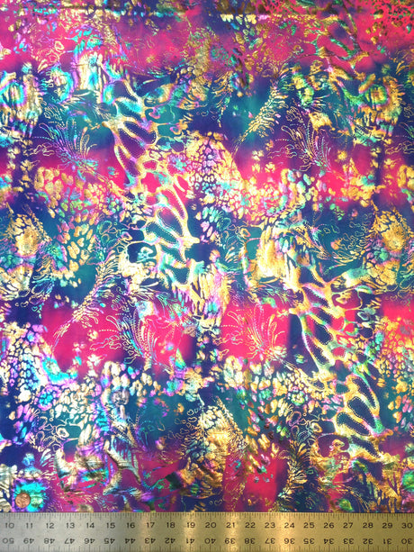 Shiny Rainbow Foil Abstract Pattern Nylon Spandex Fabric - Multi-Color Foil Abstract Pattern, 58"-60" Width