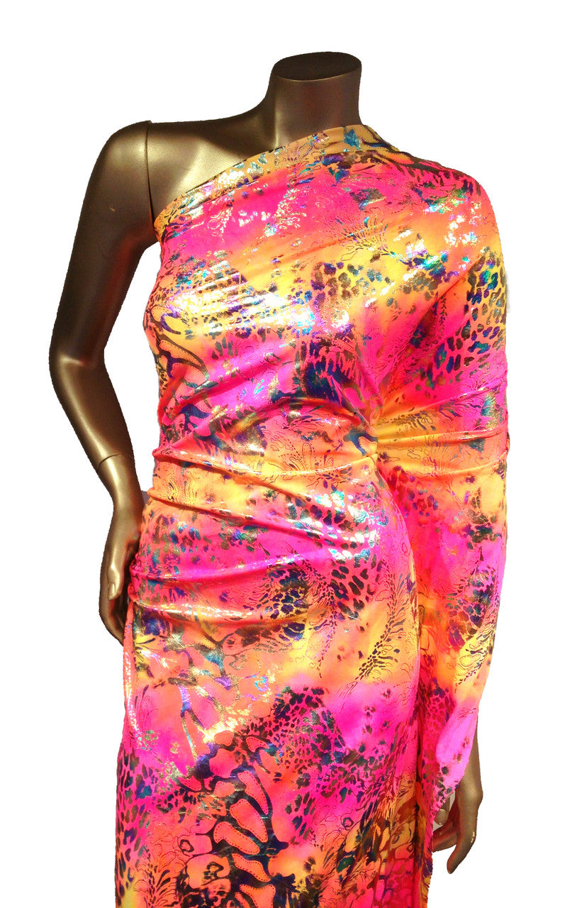 Shiny Rainbow Foil Abstract Pattern Nylon Spandex Fabric - Multi-Color Foil Abstract Pattern, 58"-60" Width
