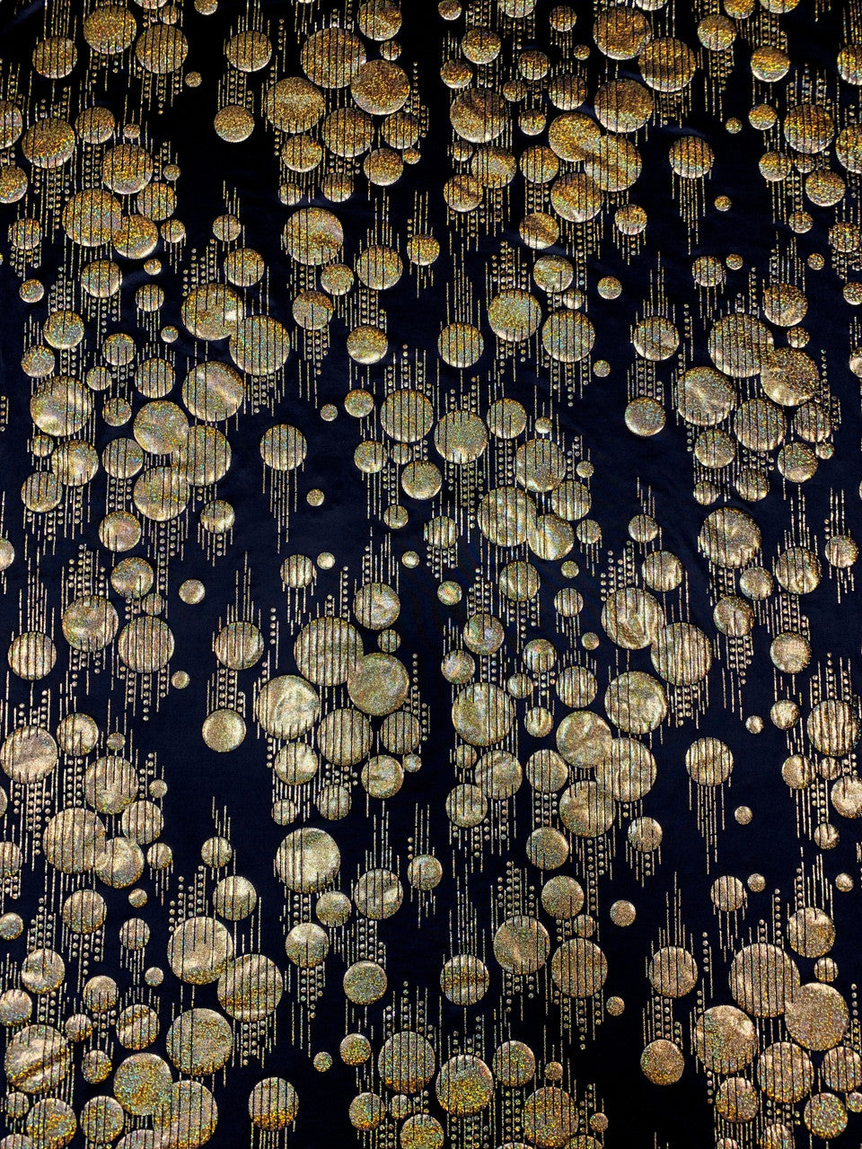 Polyester Spandex Fabric - Hologram Circles Design, Black/Red, Black/Gold, Black/Silver, 58"-60" Width
