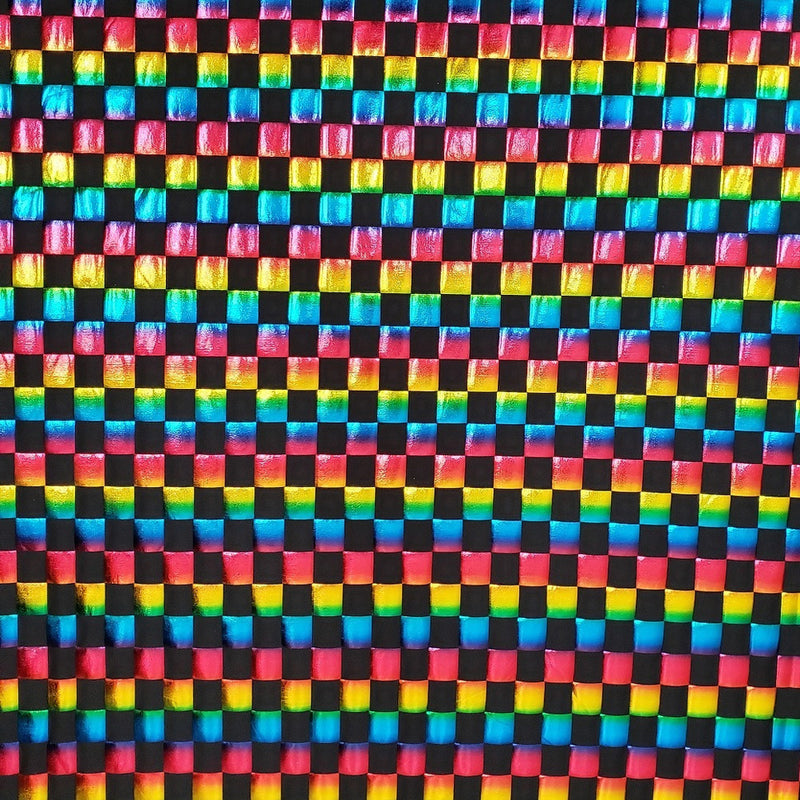 Colorful Shiny Foil Ombre Checkered Polyester Spandex Fabric - 1 Inch Checkered, 58" Width