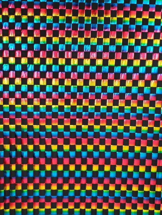 Colorful Shiny Foil Ombre Checkered Polyester Spandex Fabric - 1 Inch Checkered, 58" Width