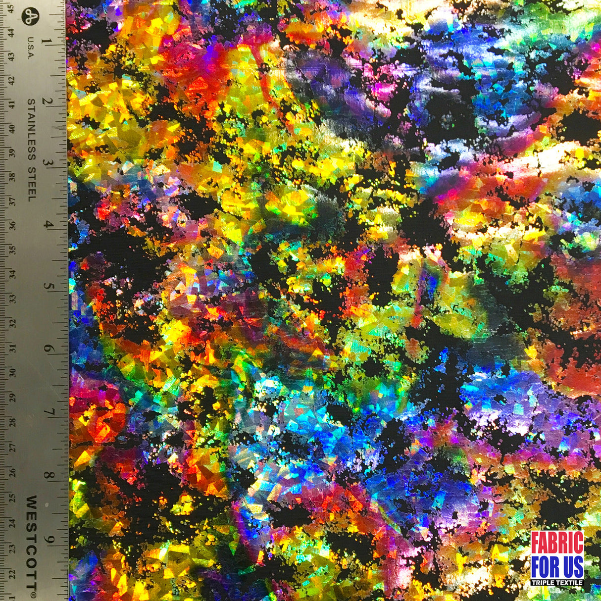 Holographic Shiny Reflective Graffiti Nylon-Spandex Stretch Fabric - Colorful Graffiti Burst, 57" Wide