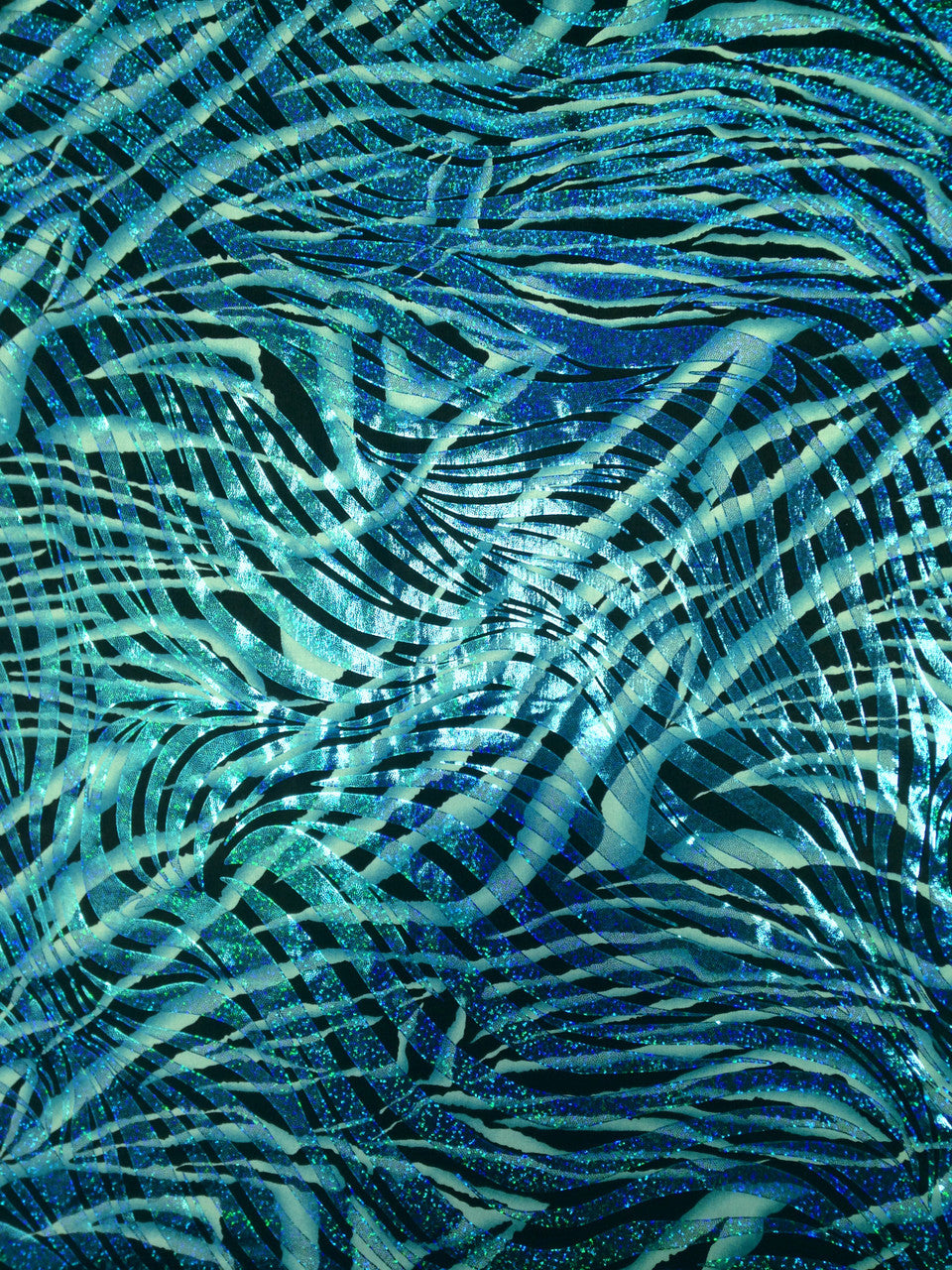 Dark Zebra Pattern Holographic Foil Polyester Spandex Fabric - Turquoise, Green, Purple, Red, Zebra Pattern, 58"-60" Width
