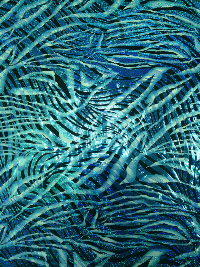 Dark Zebra Pattern Holographic Foil Polyester Spandex Fabric - Turquoise, Green, Purple, Red, Zebra Pattern, 58"-60" Width