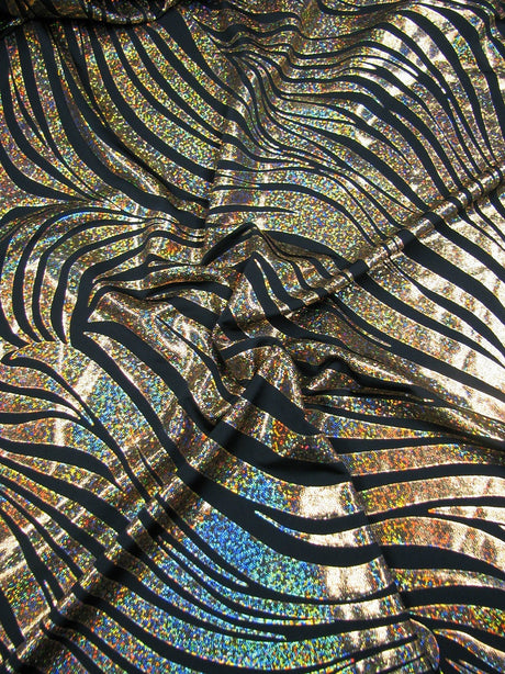 Zebra Holographic Foil Pattern Polyester Spandex Fabric - Lightweight Knit Jersey, Shiny Holographic Foil, 58" To 60" Width