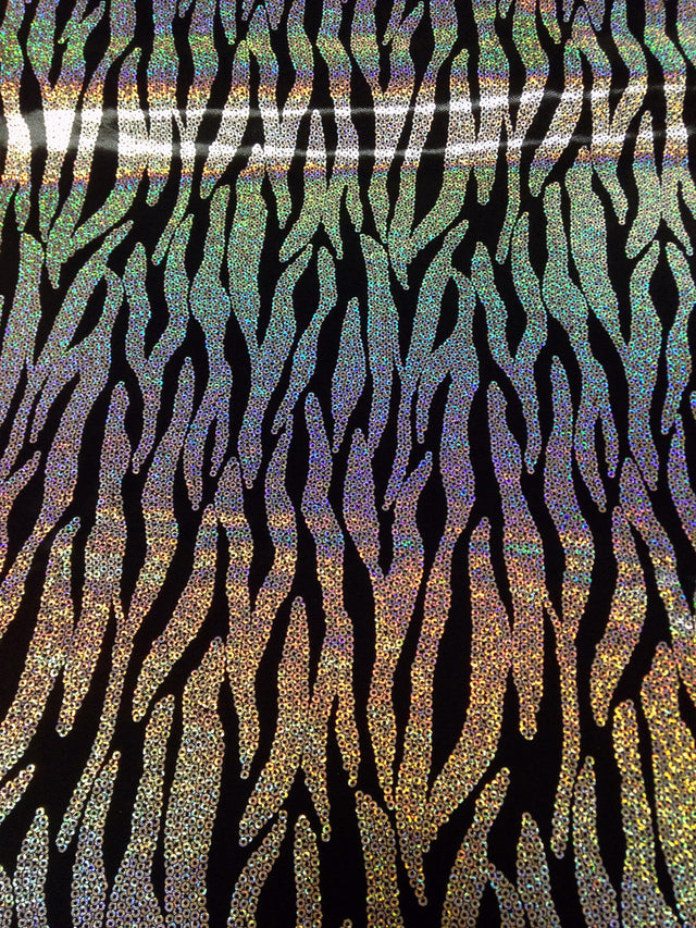 Chain Zebra Holographic Foil Polyester Spandex Fabric - Black/Silver, Fuchsia/Silver, Purple/Silver, Turquoise/Silver, Holographic Foil, 58"-60" Width