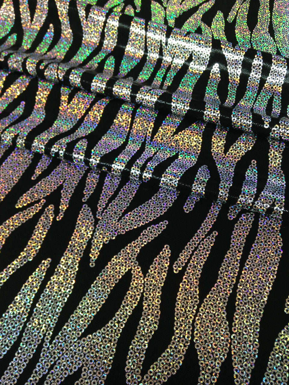 Chain Zebra Holographic Foil Polyester Spandex Fabric - Black/Silver, Fuchsia/Silver, Purple/Silver, Turquoise/Silver, Holographic Foil, 58"-60" Width