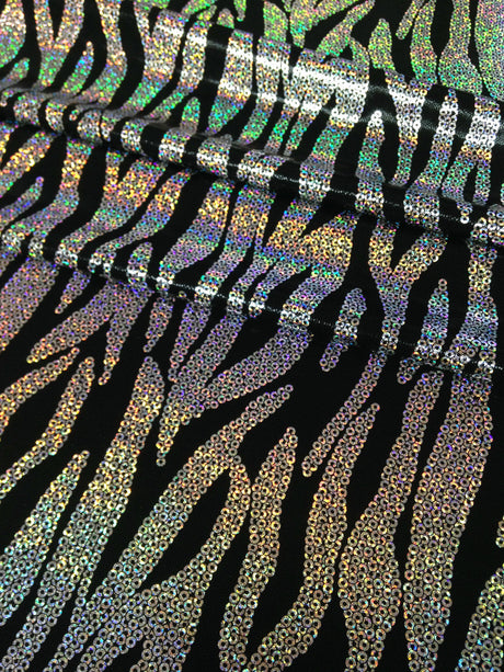 Chain Zebra Holographic Foil Polyester Spandex Fabric - Black/Silver, Fuchsia/Silver, Purple/Silver, Turquoise/Silver, Holographic Foil, 58"-60" Width
