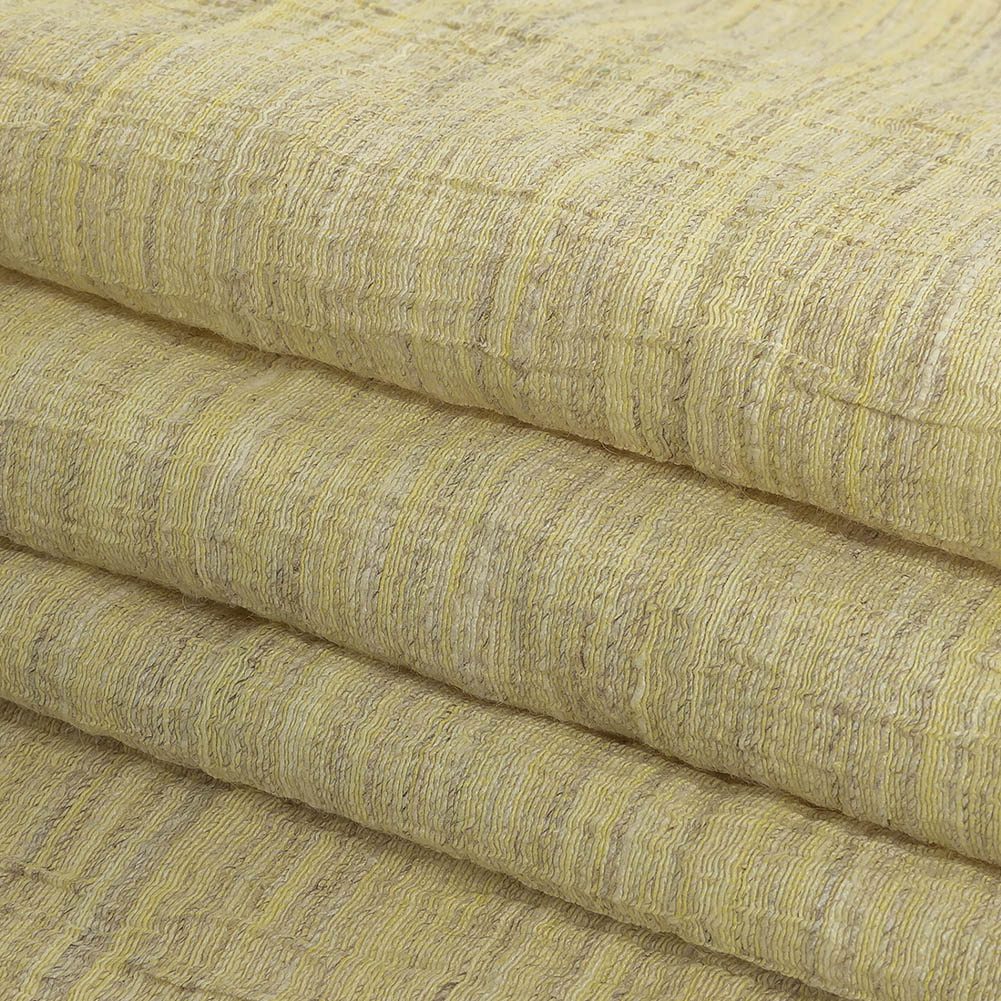 Pale Lemon, Ivory and Beige Striated Crinkled Linen and Polyester Double Cloth