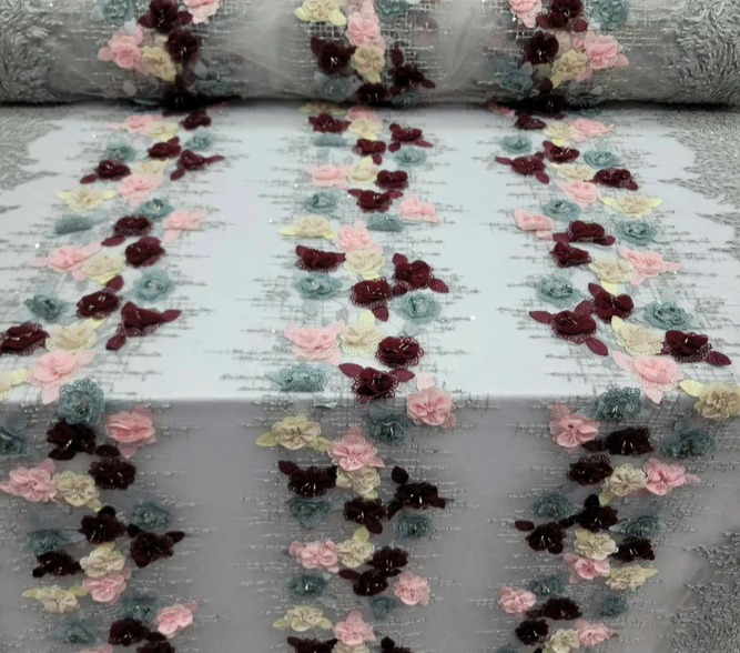 3D Floral Beaded Lace Pink Burgundy