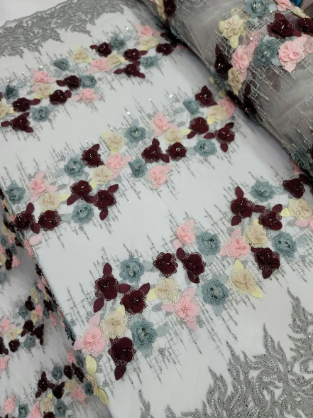 3D Floral Beaded Lace Pink Burgundy