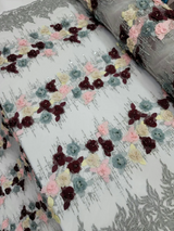 3D Floral Beaded Lace Pink Burgundy