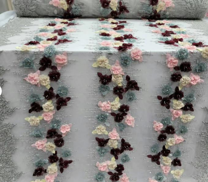 3D Floral Beaded Lace Pink Burgundy