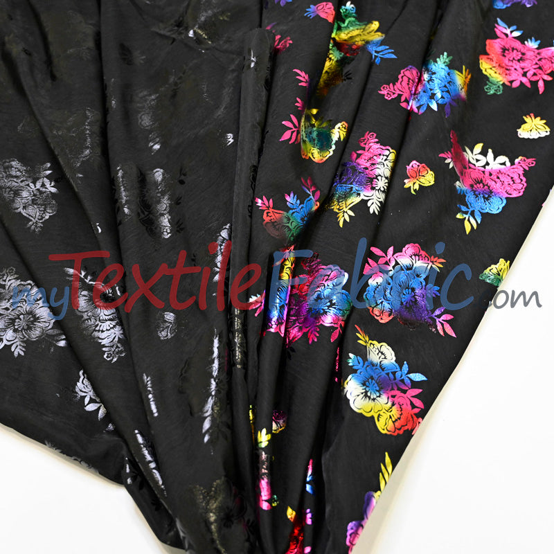 Floral Holographic Foil On Peachskin Polyester Fabric - Floral Holographic Foil, 60" Width (1 Yard)