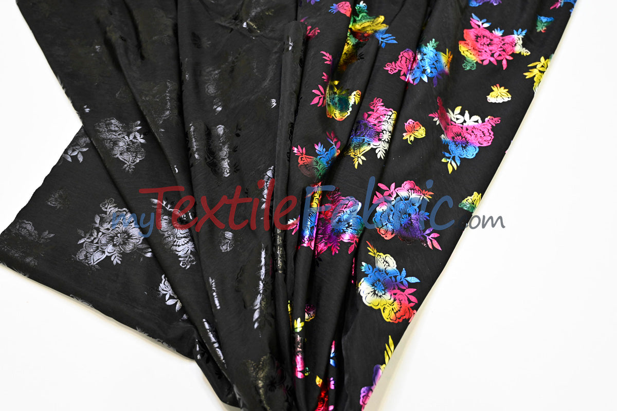 Floral Holographic Foil On Peachskin Polyester Fabric - Floral Holographic Foil, 60" Width (1 Yard)