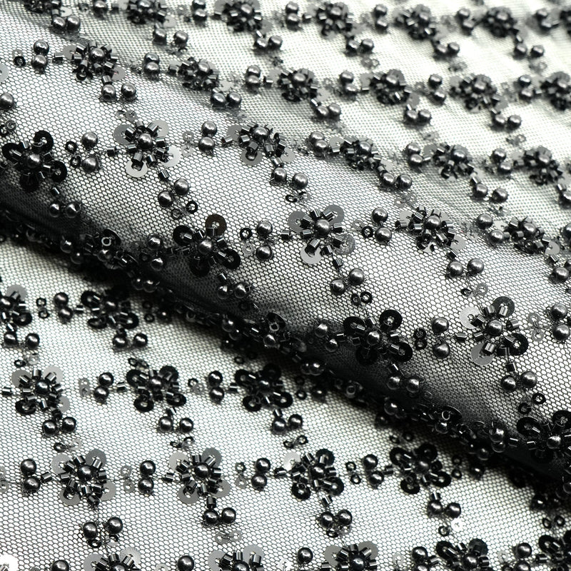 Blossom Beaded With Sequin Stretch Mesh Fabric - Black, White, Black/Multicolor, Diamond Pattern, 52/53" Width (1 Yard)