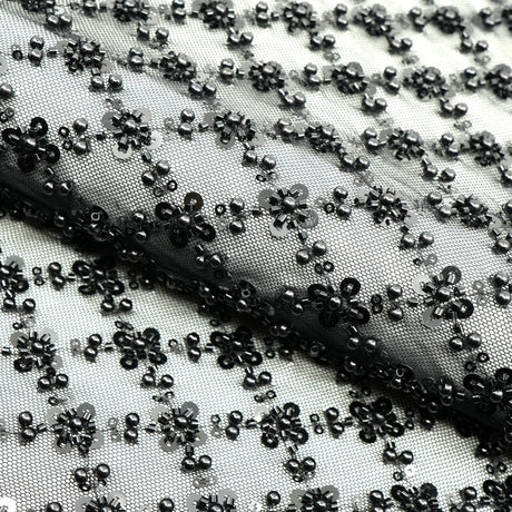 Blossom Beaded With Sequin Stretch Mesh Fabric - Black, White, Black/Multicolor, Diamond Pattern, 52/53" Width (1 Yard)