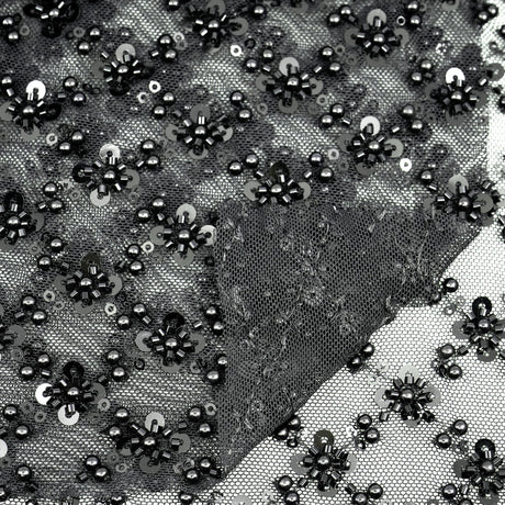 Blossom Beaded With Sequin Stretch Mesh Fabric - Black, White, Black/Multicolor, Diamond Pattern, 52/53" Width (1 Yard)
