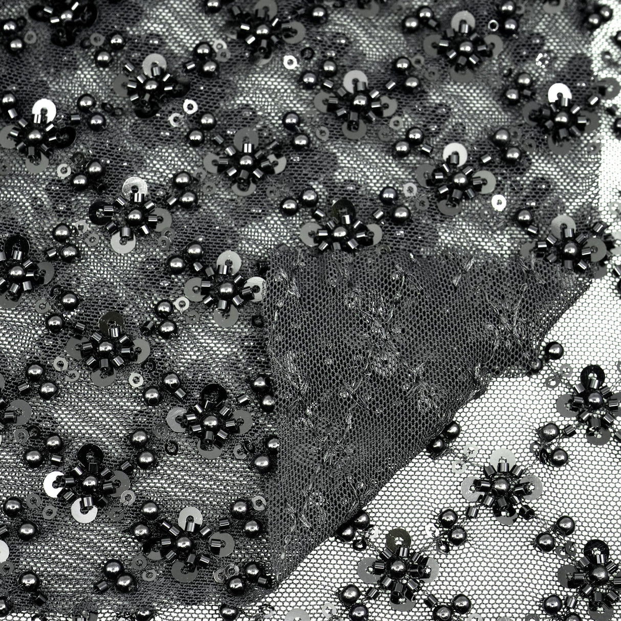 Blossom Beaded With Sequin Stretch Mesh Fabric - Diamond Pattern, 52/53" Width (1 Yard)