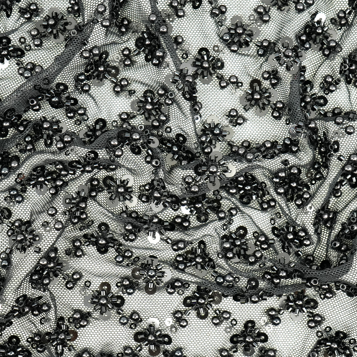 Blossom Beaded With Sequin Stretch Mesh Fabric - Black, White, Black/Multicolor, Diamond Pattern, 52/53" Width (1 Yard)