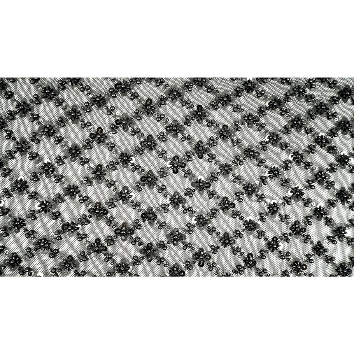 Blossom Beaded With Sequin Stretch Mesh Fabric - Black, White, Black/Multicolor, Diamond Pattern, 52/53" Width (1 Yard)