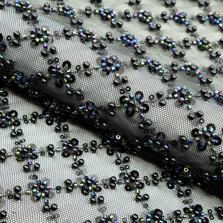 Blossom Beaded With Sequin Stretch Mesh Fabric - Diamond Pattern, 52/53" Width (1 Yard)
