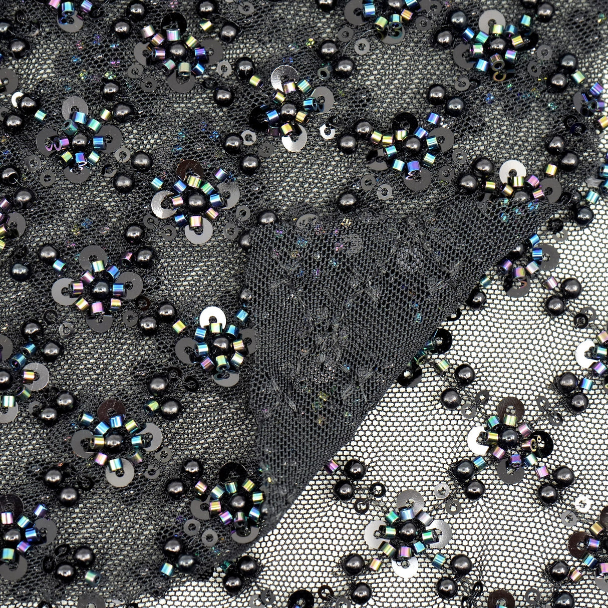 Blossom Beaded With Sequin Stretch Mesh Fabric - Black, White, Black/Multicolor, Diamond Pattern, 52/53" Width (1 Yard)
