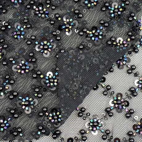 Blossom Beaded With Sequin Stretch Mesh Fabric - Diamond Pattern, 52/53" Width (1 Yard)
