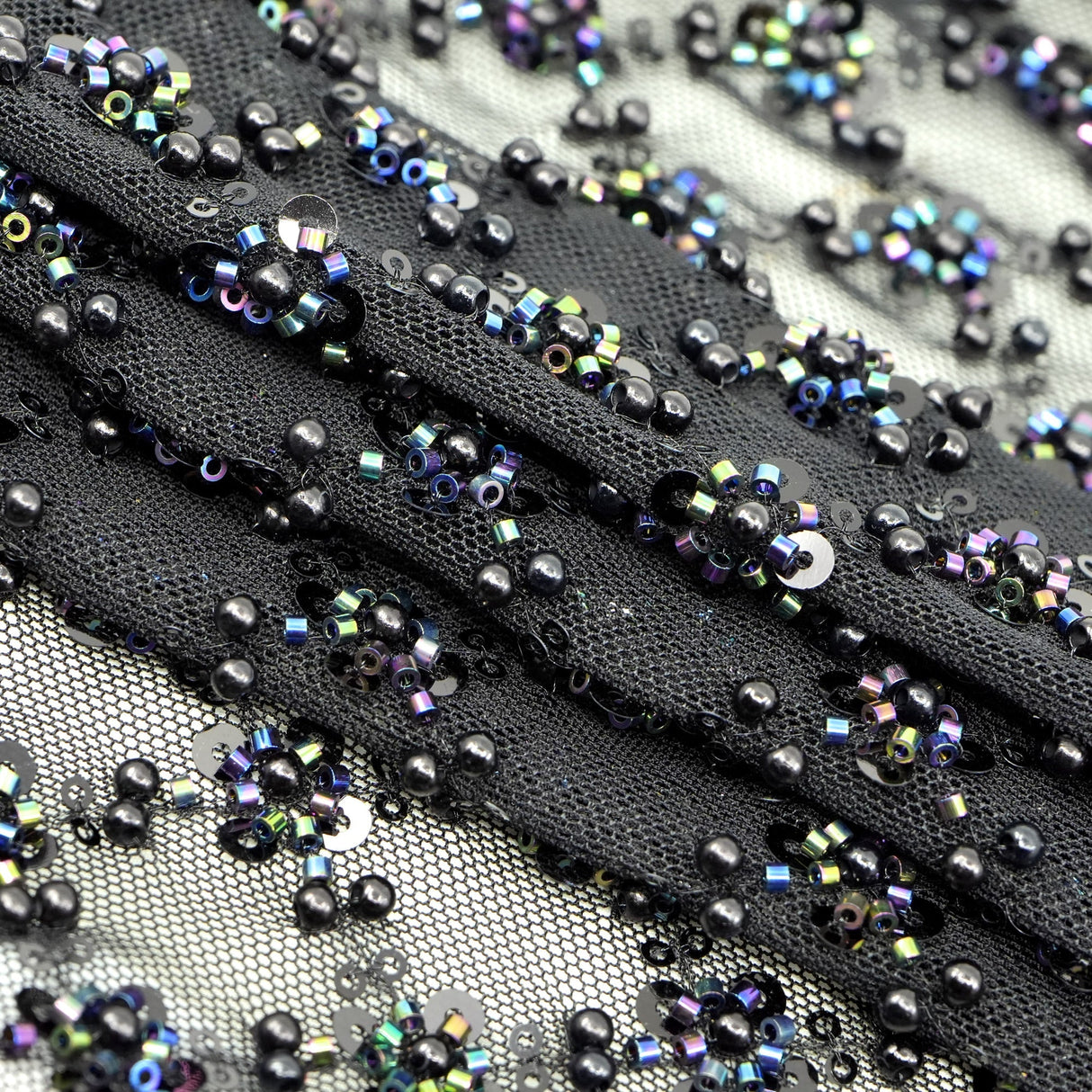 Blossom Beaded With Sequin Stretch Mesh Fabric - Diamond Pattern, 52/53" Width (1 Yard)