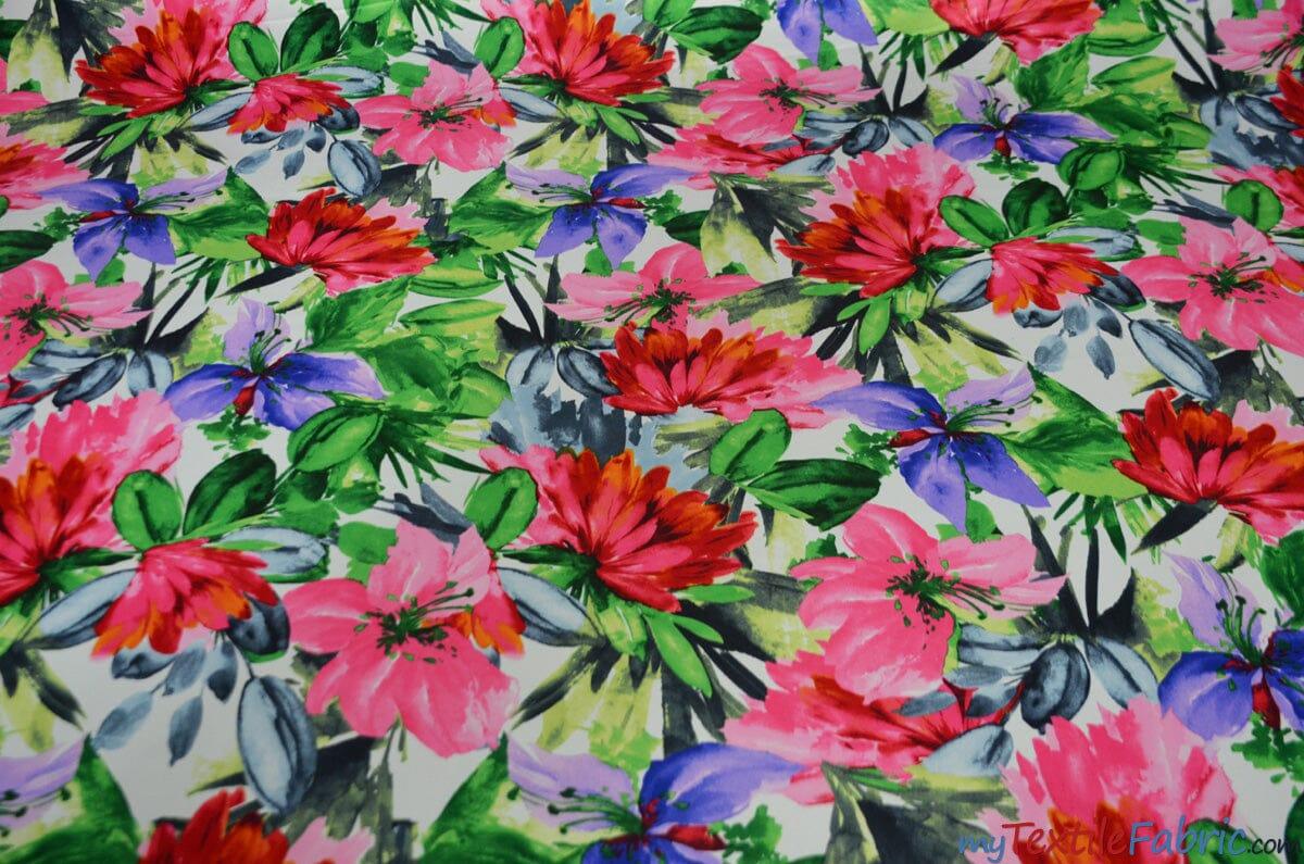 Flower Blossom Polyester Satin Fabric - Floral Print, 58/60" Width, 2 Colors (1 Yard)
