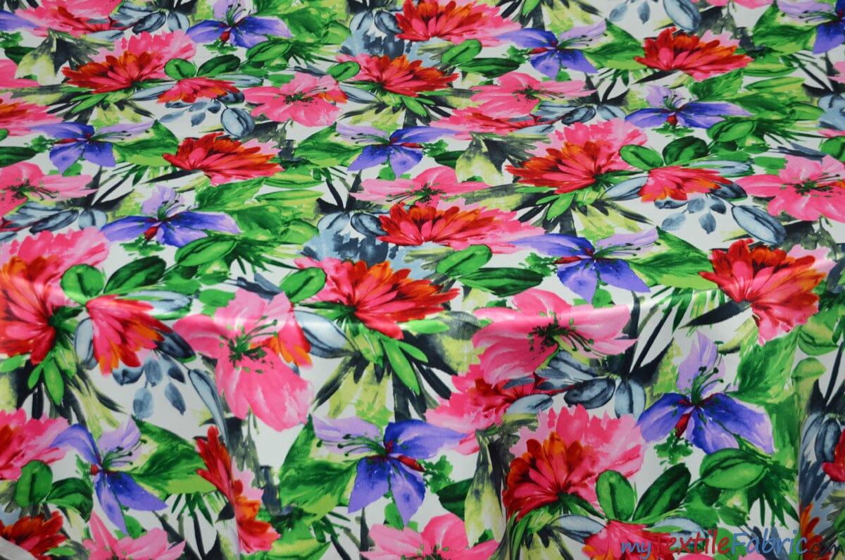 Flower Blossom Polyester Satin Fabric - Floral Print, 58/60" Width, 2 Colors (1 Yard)