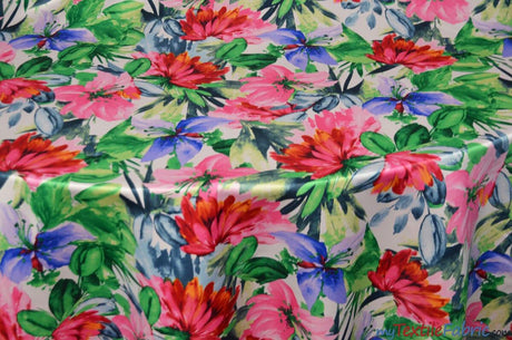 Flower Blossom Polyester Satin Fabric - Floral Print, 58/60" Width, 2 Colors (1 Yard)