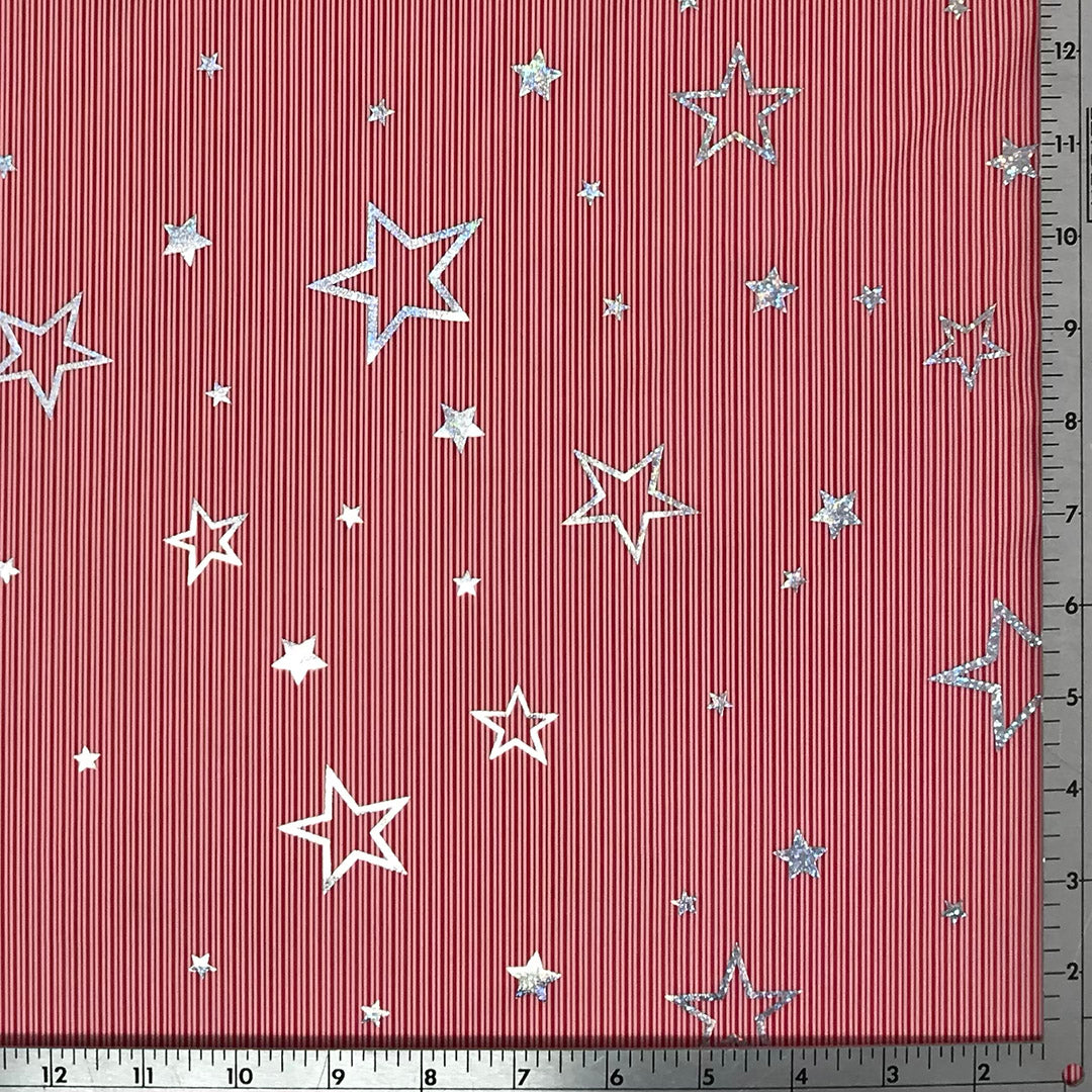 Candy Stripe Stars Foil Printed Nylon Spandex Fabric - Blue, Stars Foil Print, 55/56" Width (1 Yard)