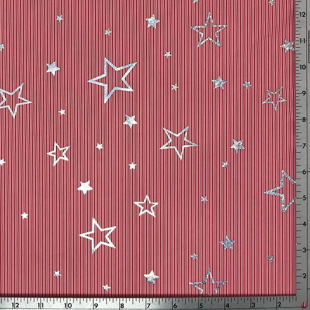 Candy Stripe Stars Foil Printed Nylon Spandex Fabric - Blue, Stars Foil Print, 55/56" Width (1 Yard)