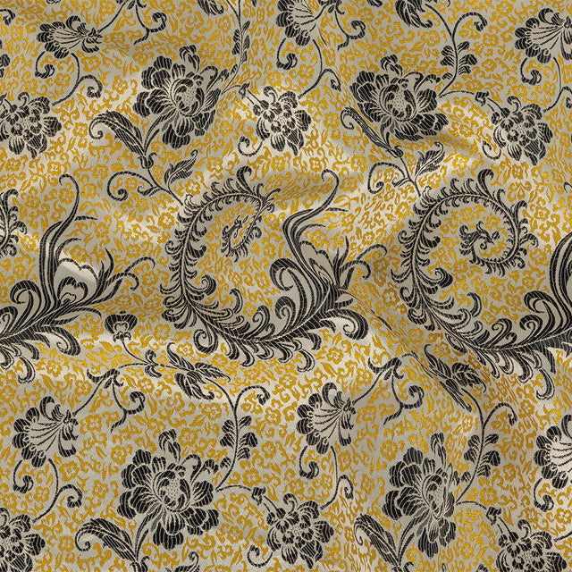 White, Black, and Goldenrod Floral Polyester Jacquard