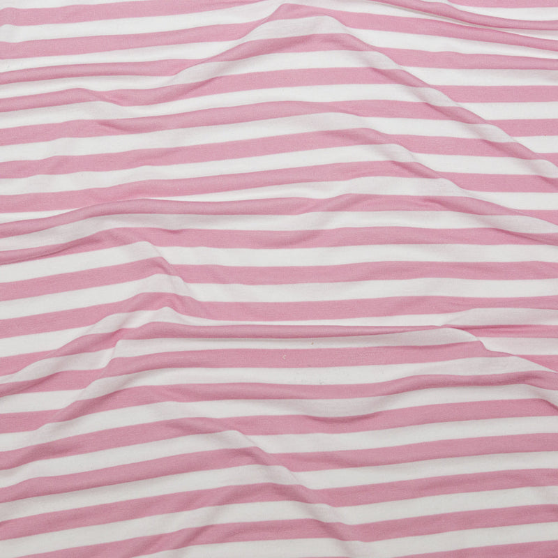 Pressed Rosebloom and Bright White Bengal Striped Polyester Jersey